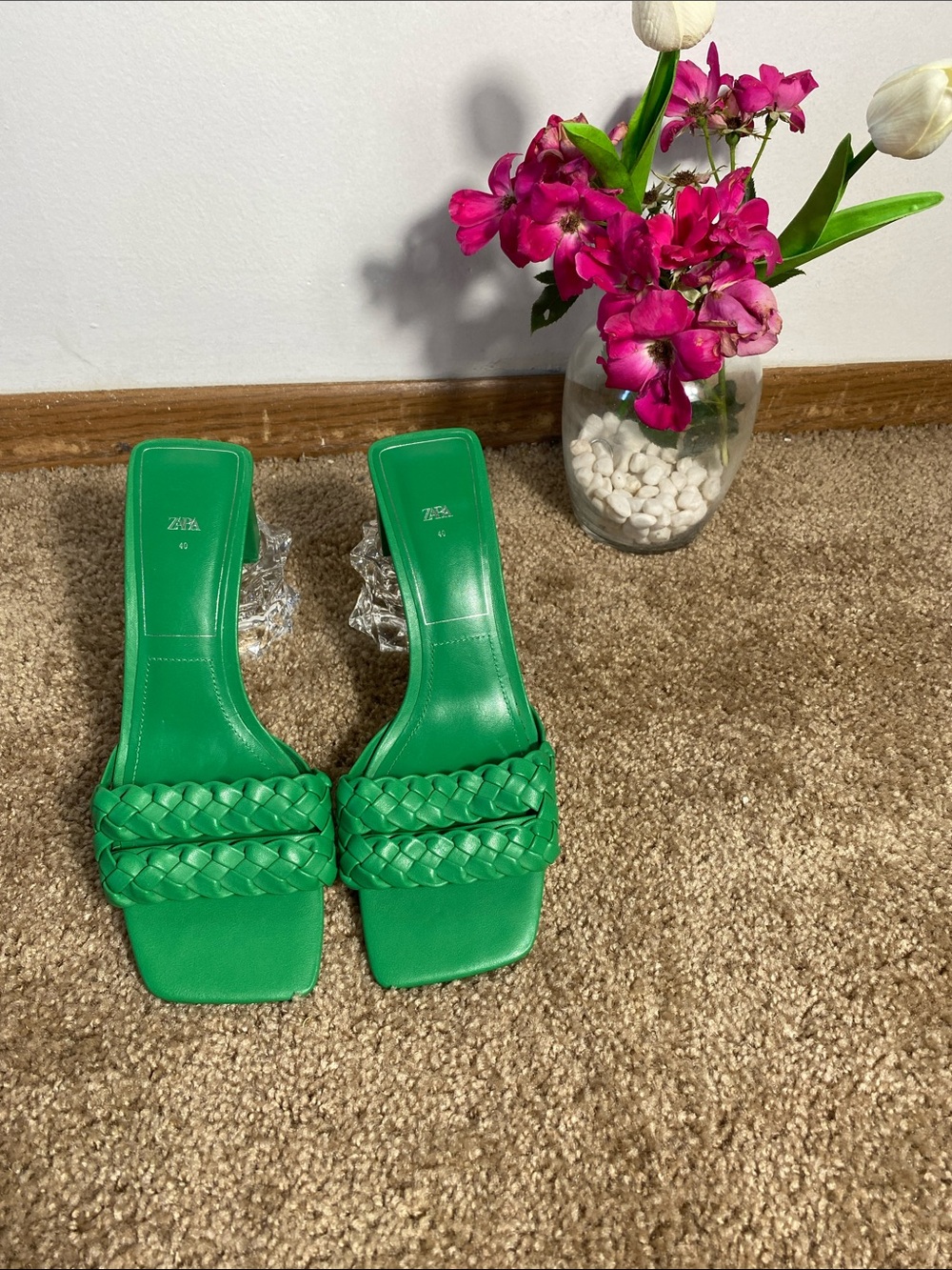 Zara Women's Size 40 US 9 Green Slide Woven Strap Heel Open Square Toe Sandal